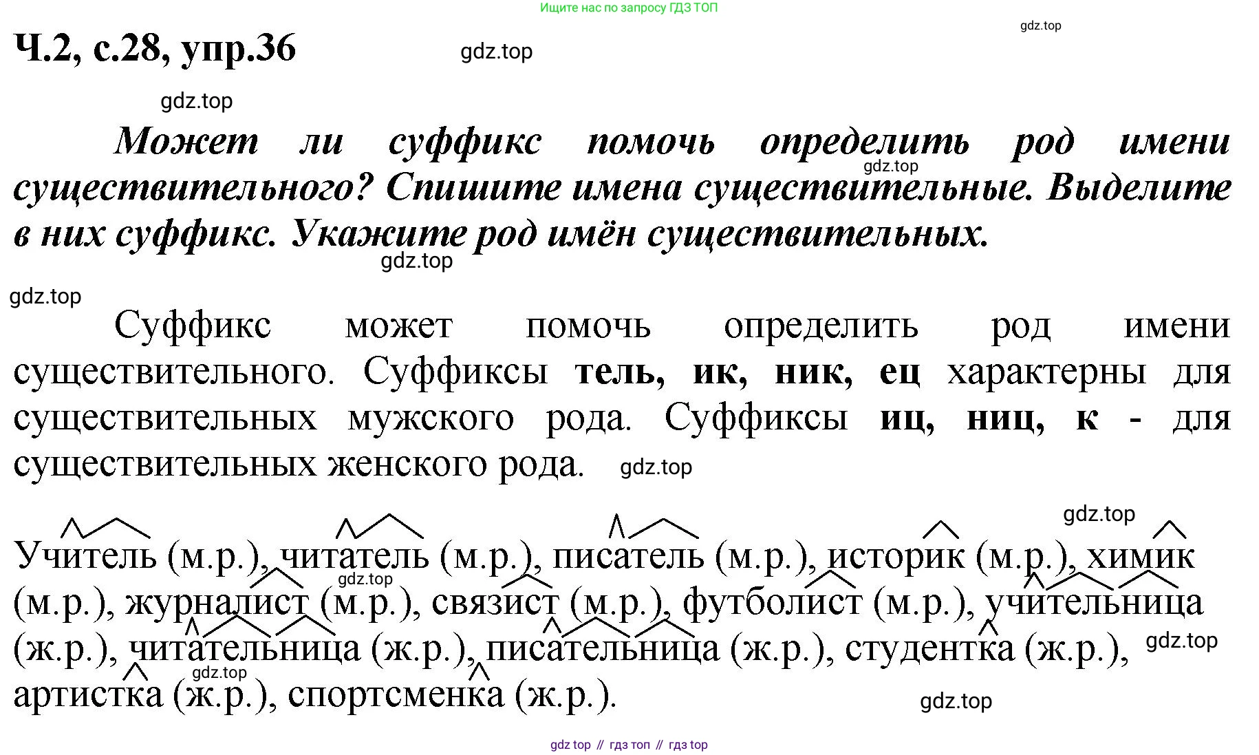 ГДЗ Русский язык, 3 класс рабочая тетрадь, авторы: Климанова Людмила Федоровна, Бабушкина Татьяна Владимировна, издательство Просвещение, Москва, 2019, белого цвета, Часть 2, страница 28, номер 36, Решение
