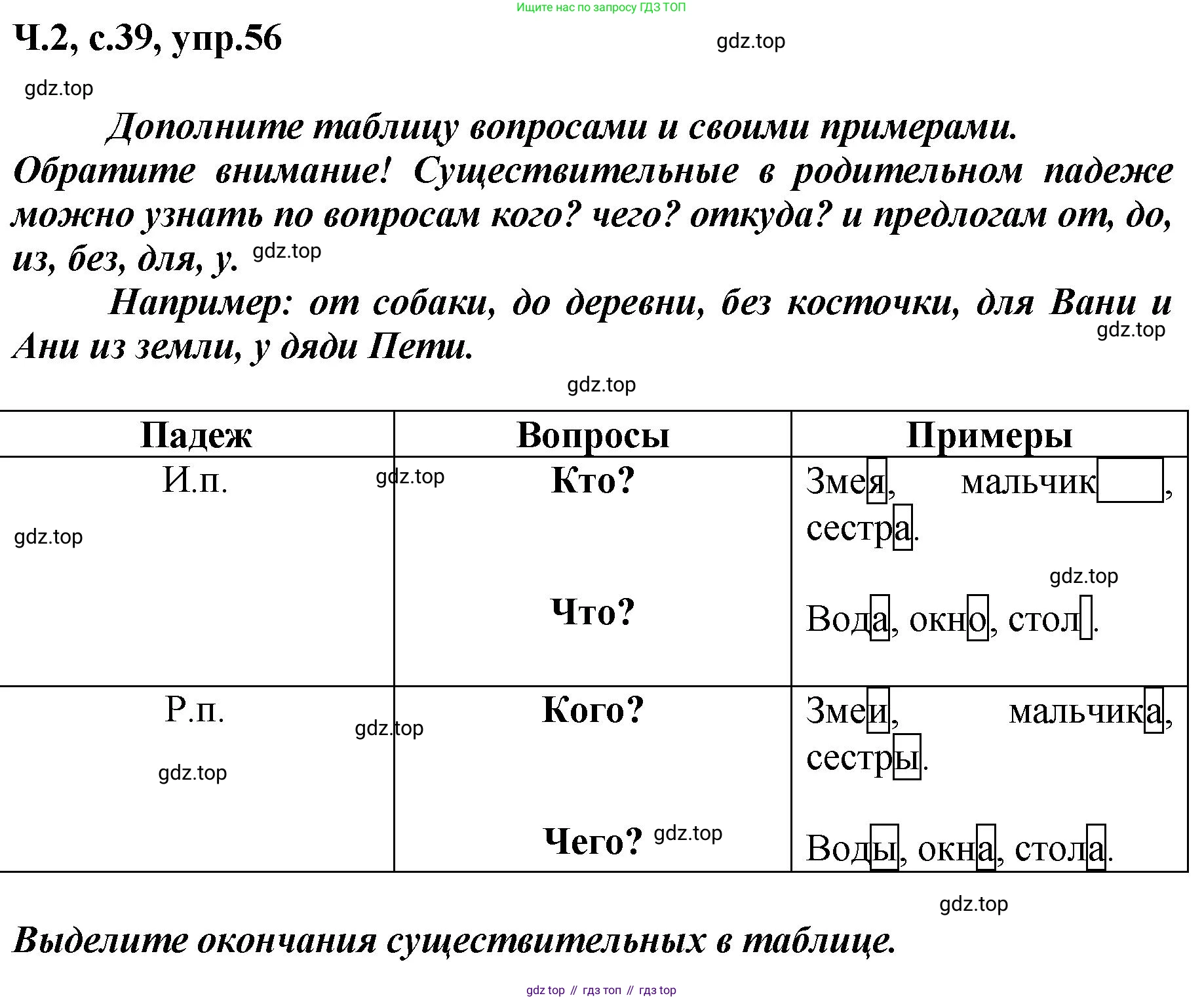 ГДЗ Русский язык, 3 класс рабочая тетрадь, авторы: Климанова Людмила Федоровна, Бабушкина Татьяна Владимировна, издательство Просвещение, Москва, 2019, белого цвета, Часть 2, страница 39, номер 56, Решение