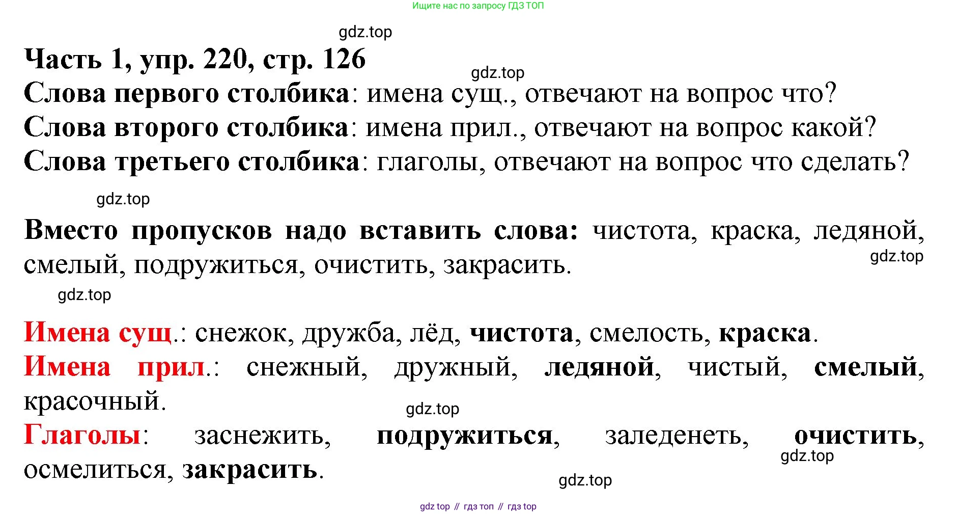 Русский язык, 3 класс Учебник, авторы: Климанова Людмила Федоровна, Бабушкина Татьяна Владимировна, издательство Просвещение, Москва, 2019, белого цвета, Часть 1, страница 126, номер 220, Решение