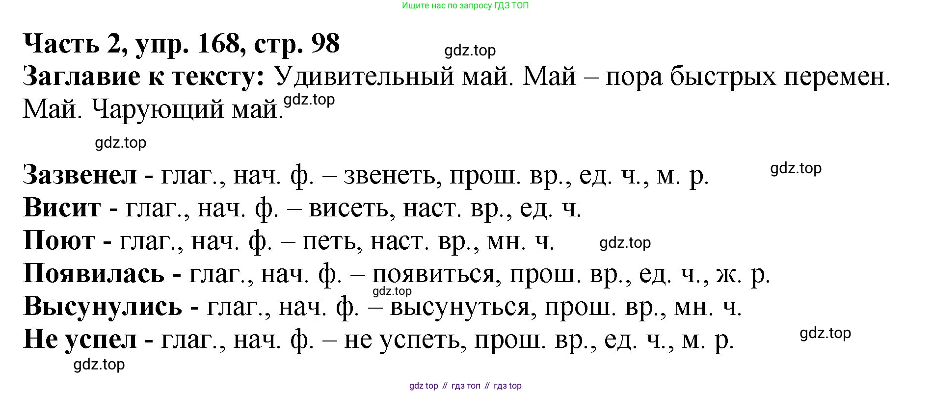 Русский язык, 3 класс Учебник, авторы: Климанова Людмила Федоровна, Бабушкина Татьяна Владимировна, издательство Просвещение, Москва, 2019, белого цвета, Часть 2, страница 98, номер 168, Решение