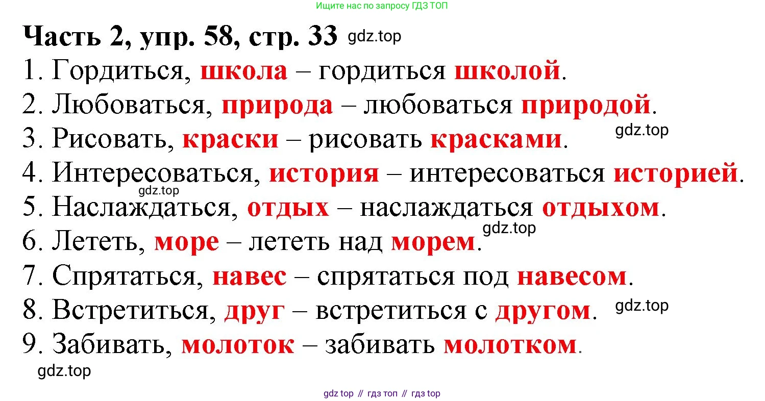 Русский язык, 3 класс Учебник, авторы: Климанова Людмила Федоровна, Бабушкина Татьяна Владимировна, издательство Просвещение, Москва, 2019, белого цвета, Часть 2, страница 33, номер 58, Решение