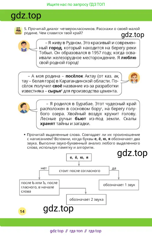 Русский язык, 4 класс Учебник, авторы: Богатырёва Елена Васильевна, Бучина Раиса Александровна, Регель Надежда Васильевна, Труханова Ольга Ивановна, Штукина Елена Эдуардовна, издательство Алматыкітап баспасы, Алматы, 2023, Часть 1, страница 14