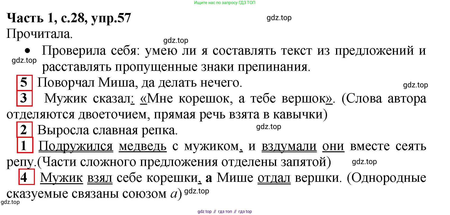 ГДЗ Русский язык, 4 класс рабочая тетрадь, автор: Канакина Валентина Павловна, издательство Просвещение, Москва, 2023, белого цвета, Часть 1, страница 28, номер 57, Решение