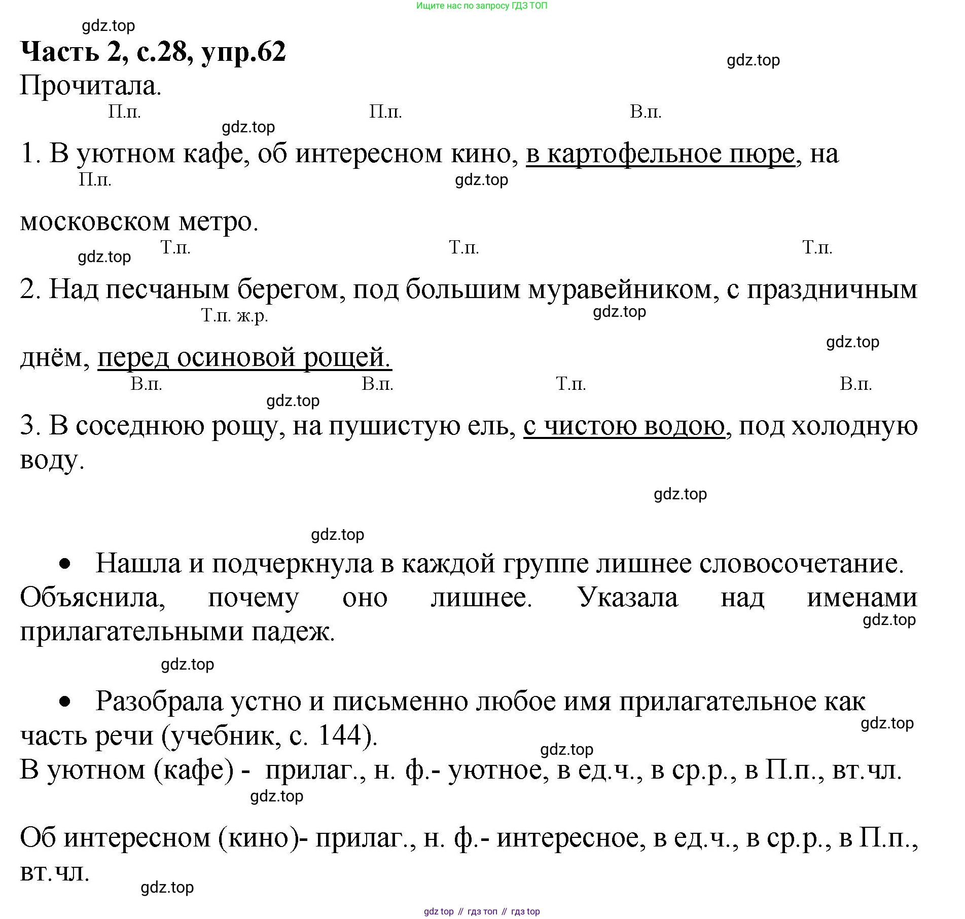 ГДЗ Русский язык, 4 класс рабочая тетрадь, автор: Канакина Валентина Павловна, издательство Просвещение, Москва, 2023, белого цвета, Часть 2, страница 28, номер 62, Решение