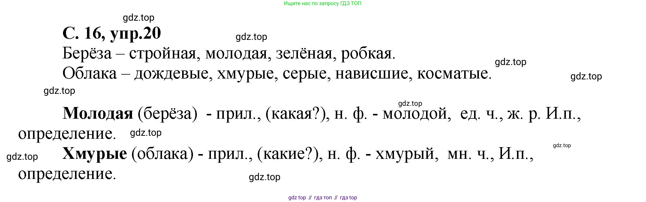 ГДЗ Русский язык, 4 класс рабочая тетрадь, авторы: Климанова Людмила Федоровна, Бабушкина Татьяна Владимировна, издательство Просвещение, Москва, 2019, белого цвета, Часть 1, страница 16, номер 20, Решение