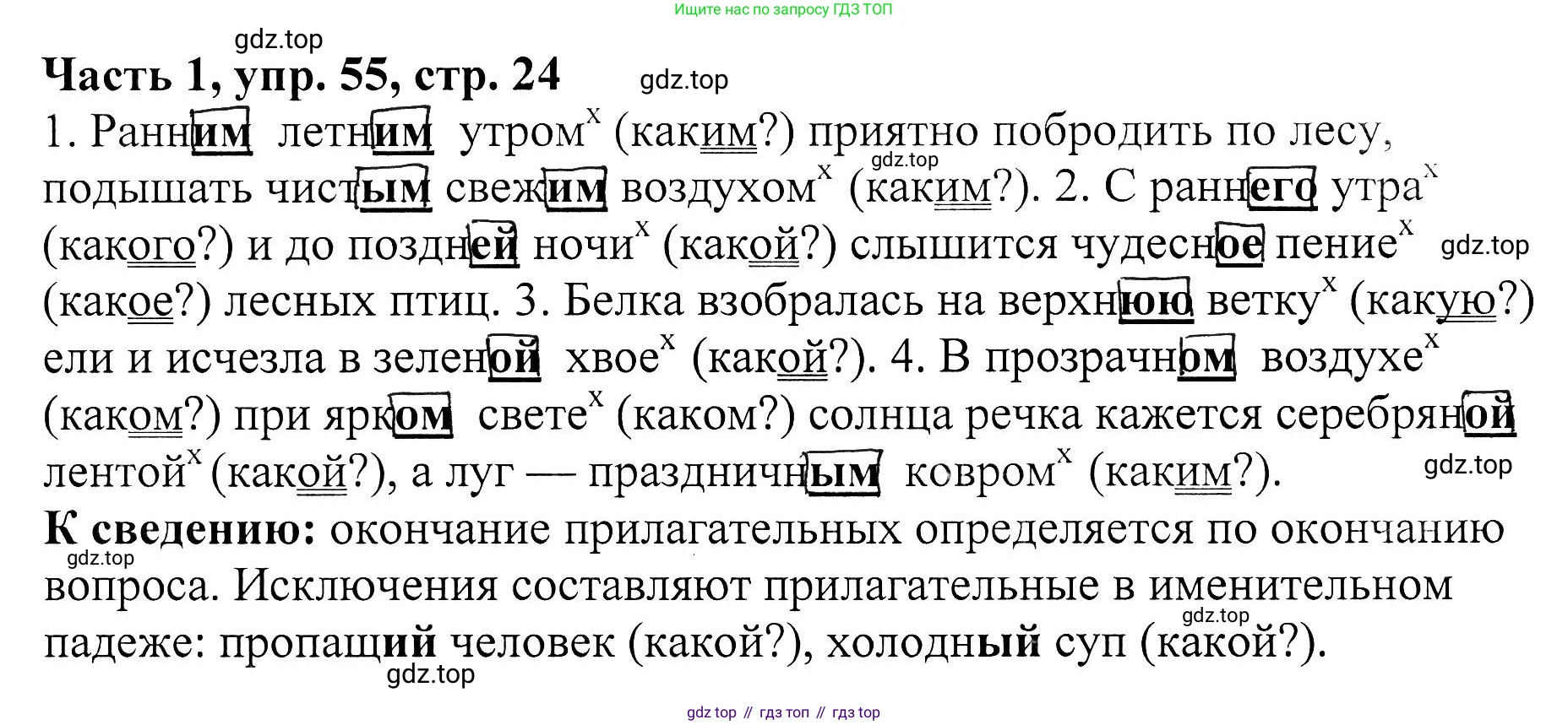 ГДЗ Русский язык, 5 класс Учебник, авторы: Ладыженская Таиса Алексеевна, Баранов Михаил Трофимович, Тростенцова Лидия Александровна, Ладыженская Наталия Вениаминовна, Дейкина Алевтина Дмитриевна, Григорян Лариса Трофимовна, Кулибаба Иван Иванович, Антонова Любовь Геннадиевна, издательство Просвещение, Москва, 2023, салатового цвета, Часть 1, страница 24, номер 55, Решение 1