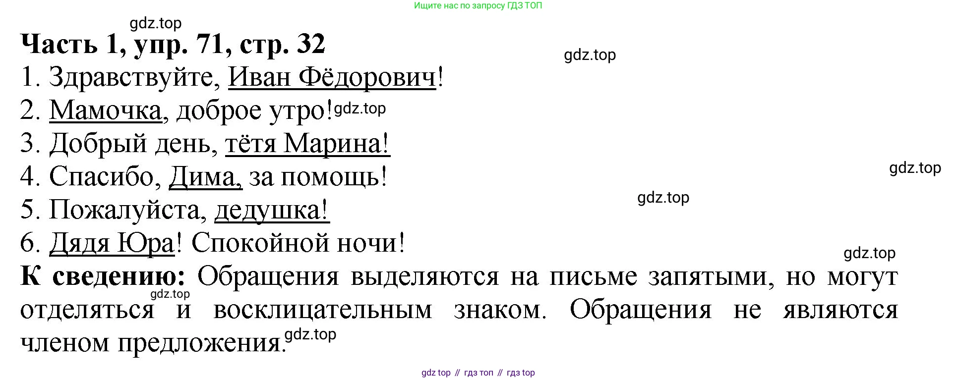 ГДЗ Русский язык, 5 класс Учебник, авторы: Ладыженская Таиса Алексеевна, Баранов Михаил Трофимович, Тростенцова Лидия Александровна, Ладыженская Наталия Вениаминовна, Дейкина Алевтина Дмитриевна, Григорян Лариса Трофимовна, Кулибаба Иван Иванович, Антонова Любовь Геннадиевна, издательство Просвещение, Москва, 2023, салатового цвета, Часть 1, страница 32, номер 71, Решение 1