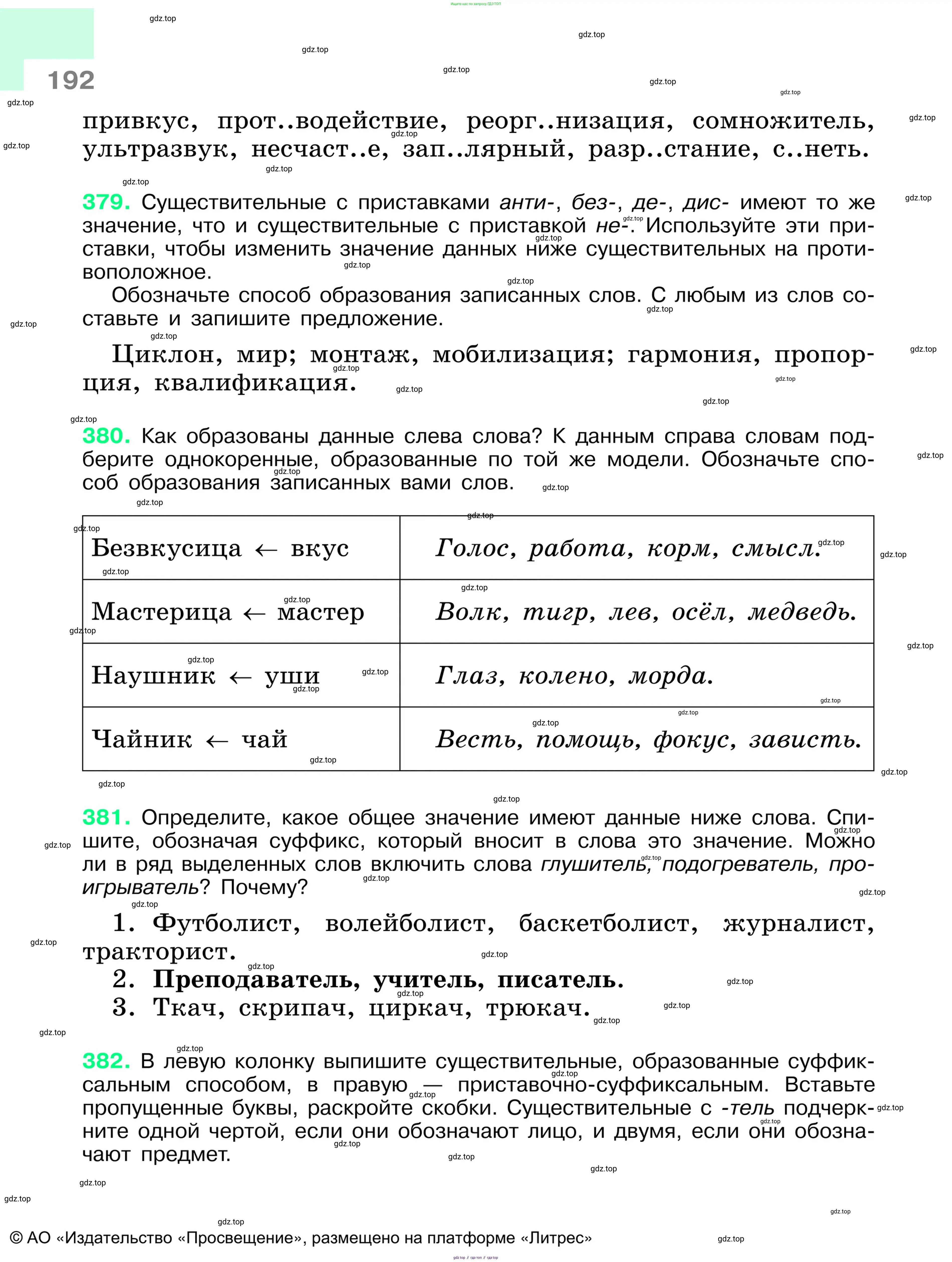 Русский язык, 6 класс Учебник, авторы: Баранов Михаил Трофимович, Ладыженская Таиса Алексеевна, Тростенцова Лидия Александровна, Ладыженская Наталия Вениаминовна, Дейкина Алевтина Дмитриевна, Антонова Любовь Геннадиевна, Григорян Лариса Трофимовна, Кулибаба Иван Иванович, издательство Просвещение, Москва, 2023, салатового цвета, Часть 1, страница 192