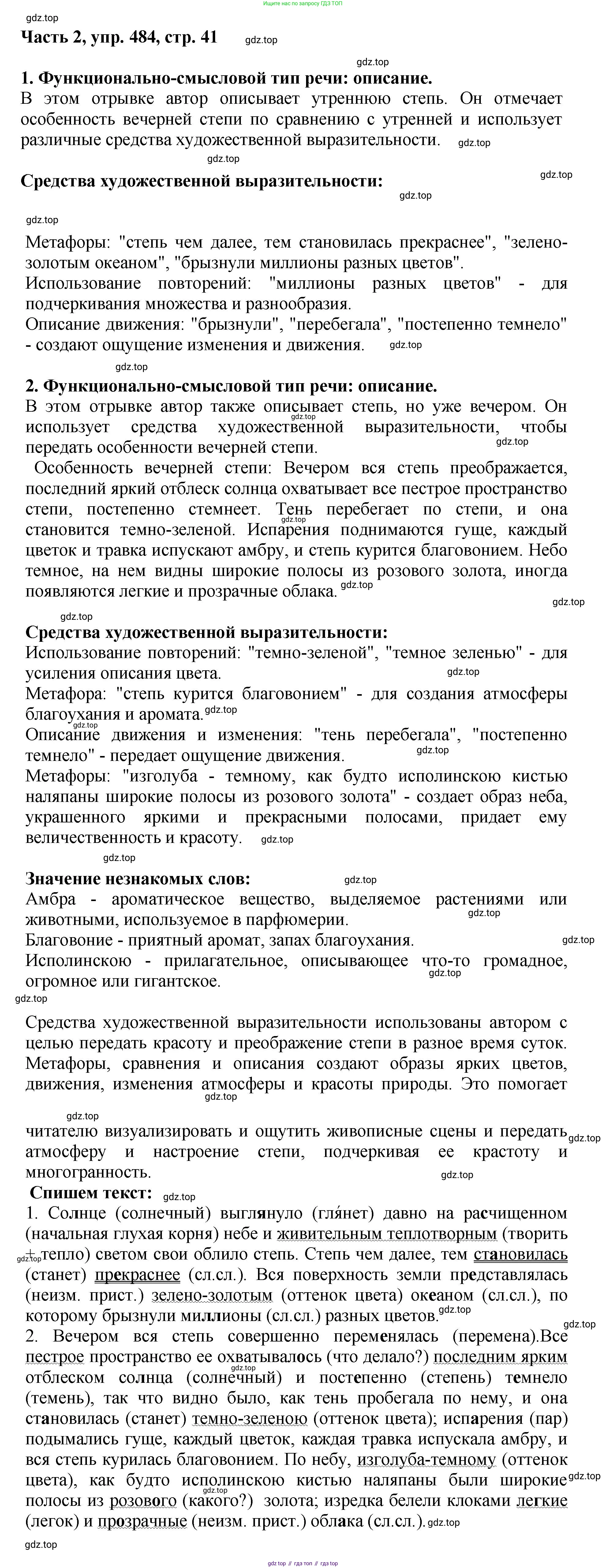 ГДЗ Русский язык, 6 класс Учебник, авторы: Баранов Михаил Трофимович, Ладыженская Таиса Алексеевна, Тростенцова Лидия Александровна, Ладыженская Наталия Вениаминовна, Дейкина Алевтина Дмитриевна, Антонова Любовь Геннадиевна, Григорян Лариса Трофимовна, Кулибаба Иван Иванович, издательство Просвещение, Москва, 2023, салатового цвета, Часть 2, страница 41, номер 484, Решение 2