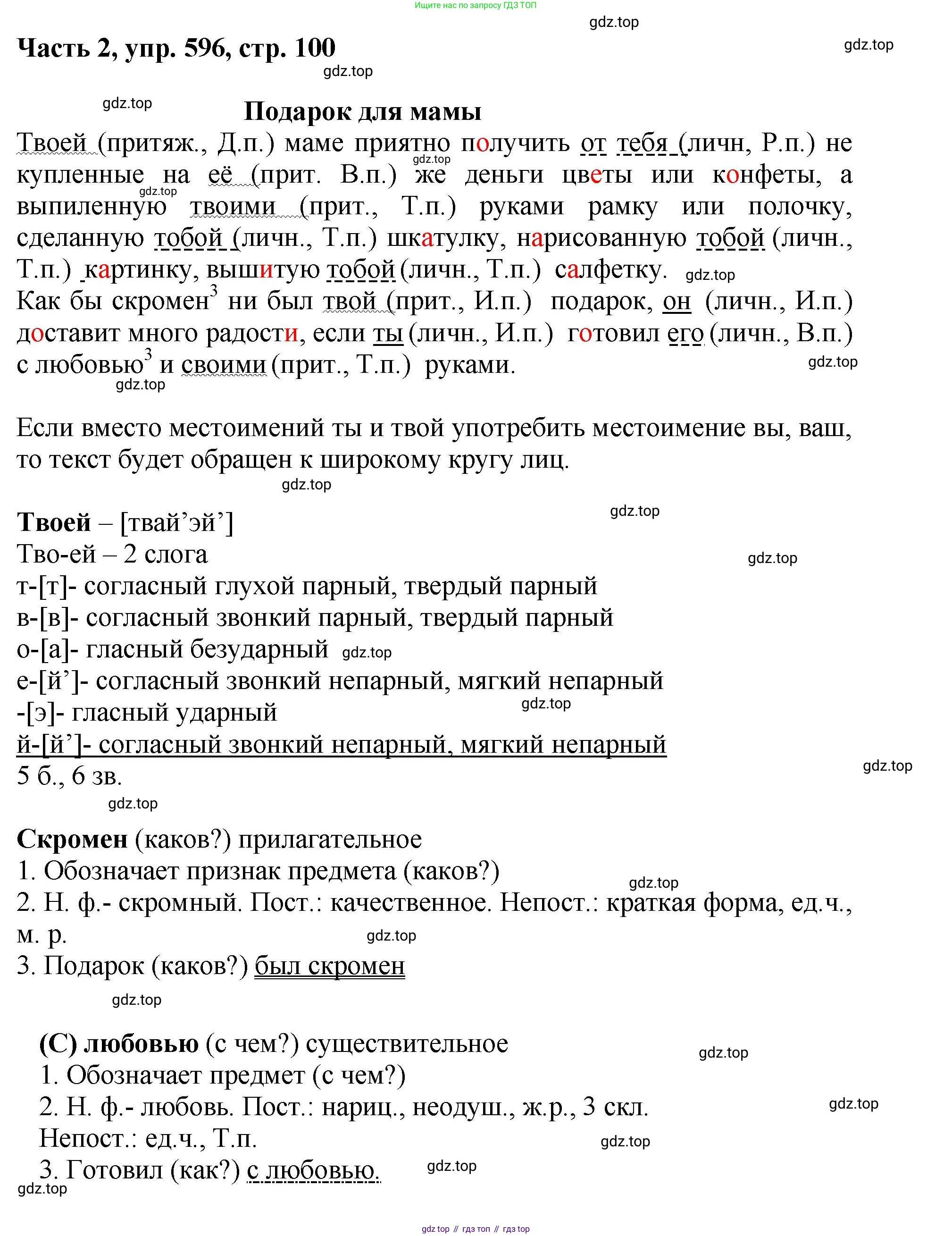 ГДЗ Русский язык, 6 класс Учебник, авторы: Баранов Михаил Трофимович, Ладыженская Таиса Алексеевна, Тростенцова Лидия Александровна, Ладыженская Наталия Вениаминовна, Дейкина Алевтина Дмитриевна, Антонова Любовь Геннадиевна, Григорян Лариса Трофимовна, Кулибаба Иван Иванович, издательство Просвещение, Москва, 2023, салатового цвета, Часть 2, страница 100, номер 596, Решение 2