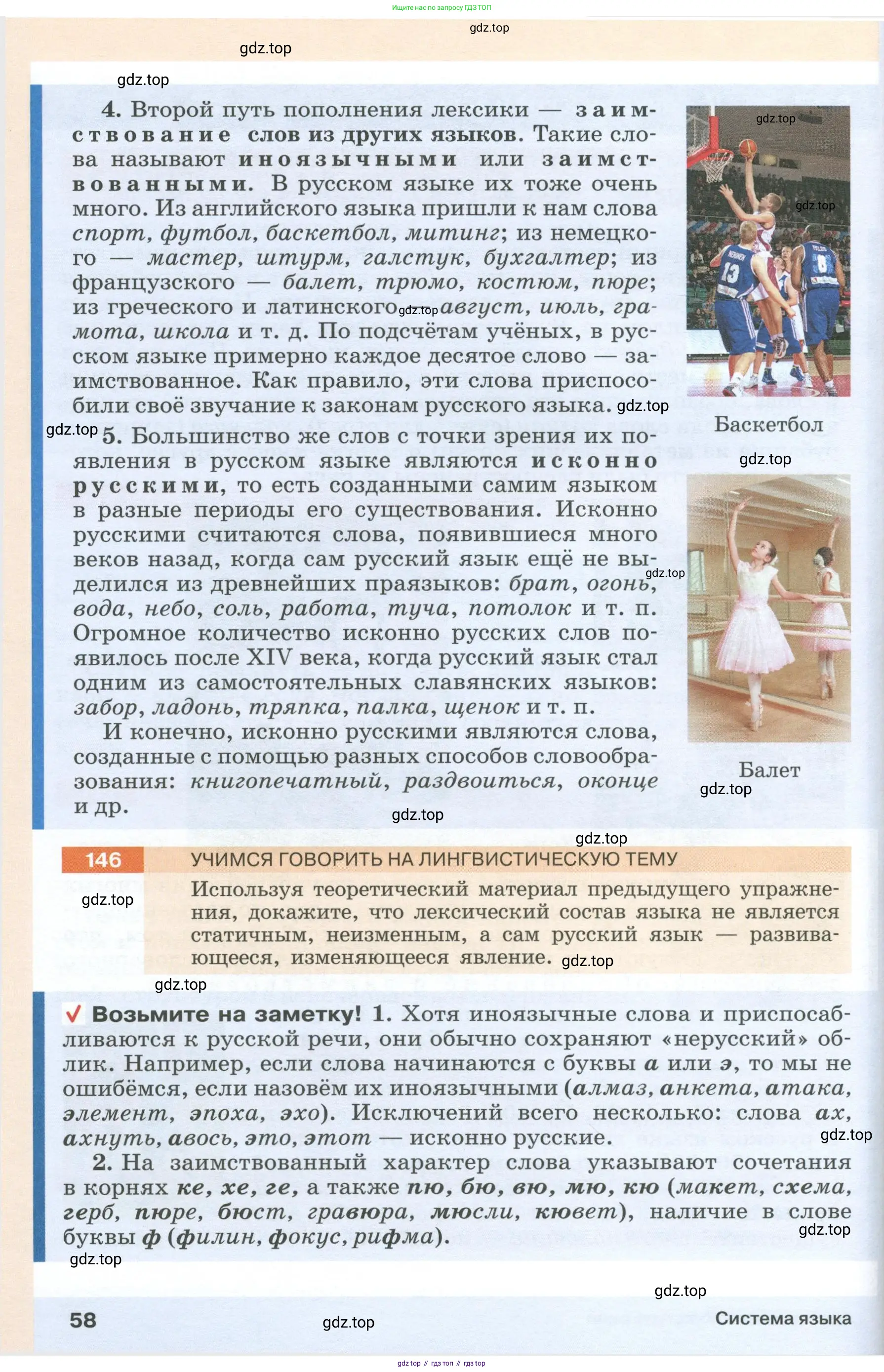 Русский язык, 6 класс Учебник, авторы: Разумовская Маргарита Михайловна, Львова Светлана Ивановна, Капинос Валентина Ивановна, Львов Валентин Витальевич, Соловейчик Марина Сергеевна, Сергеева Наталья Николаевна, Тронина Татьяна Сергеевна, издательство Просвещение, Москва, 2023, белого цвета, Часть 1, страница 58