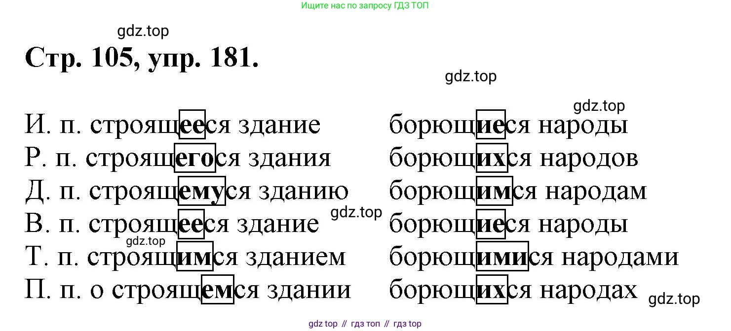 Русский язык, 7 класс Учебник, авторы: Баранов Михаил Трофимович, Ладыженская Таиса Алексеевна, Тростенцова Лидия Александровна, Ладыженская Наталия Вениаминовна, Александрова Ольга Макаровна, Дейкина Алевтина Дмитриевна, Антонова Любовь Геннадиевна, Григорян Лариса Трофимовна, Кулибаба Иван Иванович, издательство Просвещение, Москва, 2023, зелёного цвета, Часть 1, страница 105, номер 181, Решение 1 (2024-2027)