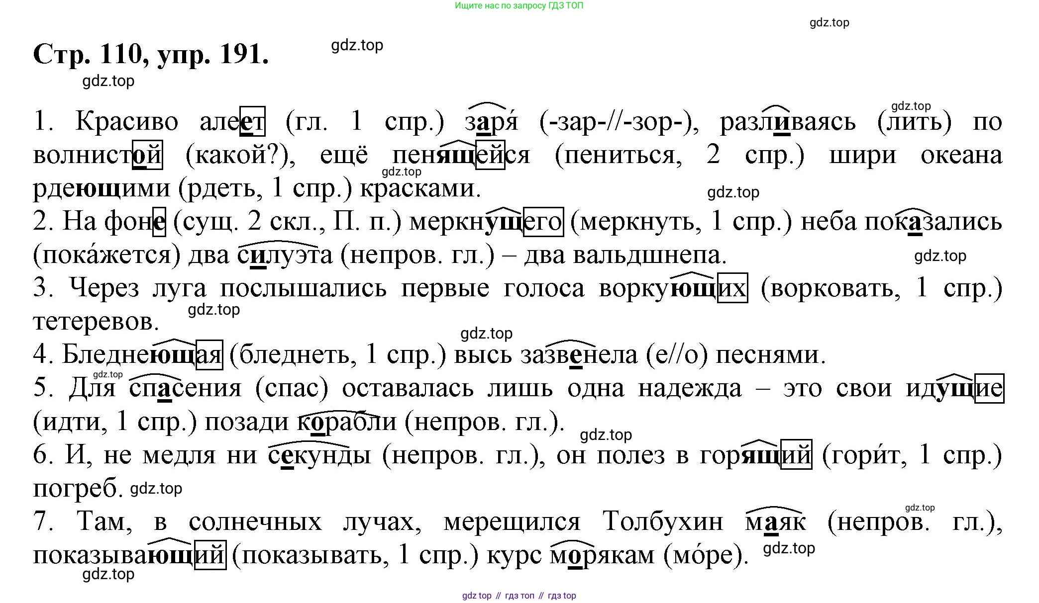 Русский язык, 7 класс Учебник, авторы: Баранов Михаил Трофимович, Ладыженская Таиса Алексеевна, Тростенцова Лидия Александровна, Ладыженская Наталия Вениаминовна, Александрова Ольга Макаровна, Дейкина Алевтина Дмитриевна, Антонова Любовь Геннадиевна, Григорян Лариса Трофимовна, Кулибаба Иван Иванович, издательство Просвещение, Москва, 2023, зелёного цвета, Часть 1, страница 110, номер 191, Решение 1 (2024-2027)
