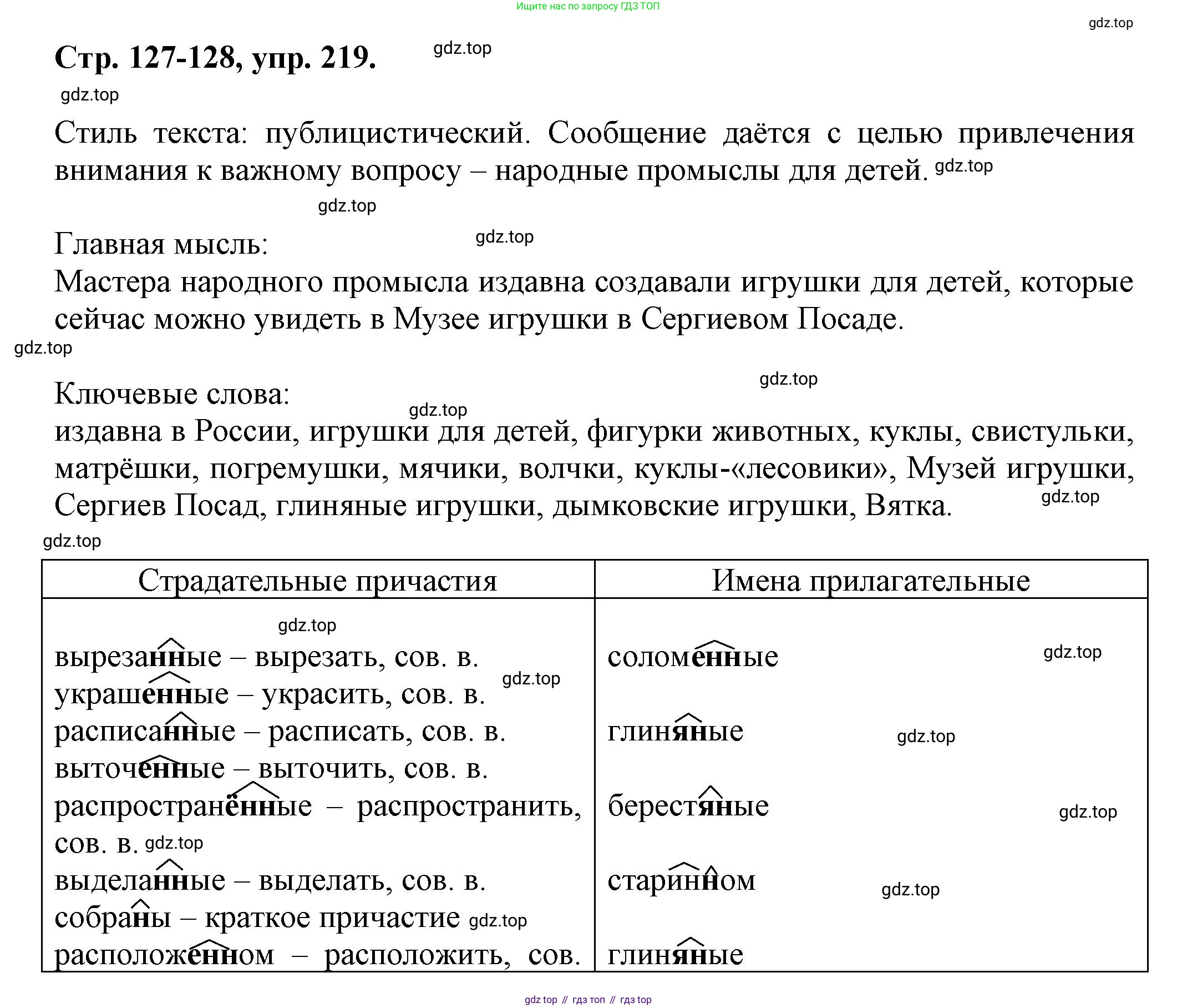 Русский язык, 7 класс Учебник, авторы: Баранов Михаил Трофимович, Ладыженская Таиса Алексеевна, Тростенцова Лидия Александровна, Ладыженская Наталия Вениаминовна, Александрова Ольга Макаровна, Дейкина Алевтина Дмитриевна, Антонова Любовь Геннадиевна, Григорян Лариса Трофимовна, Кулибаба Иван Иванович, издательство Просвещение, Москва, 2023, зелёного цвета, Часть 1, страница 127, номер 219, Решение 1 (2024-2027)