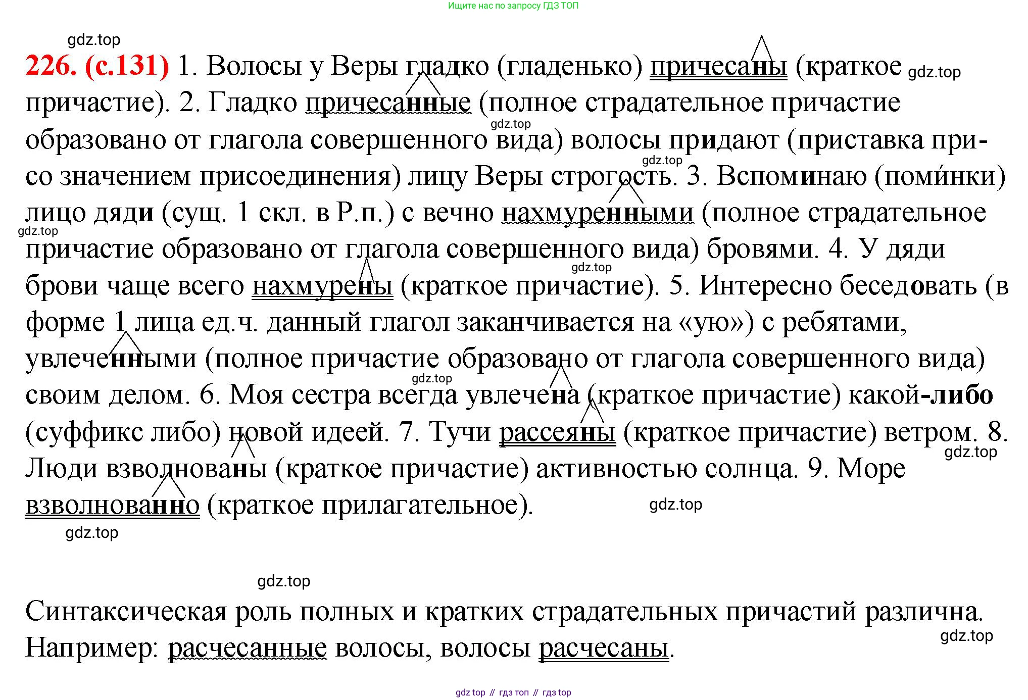 Русский язык, 7 класс Учебник, авторы: Баранов Михаил Трофимович, Ладыженская Таиса Алексеевна, Тростенцова Лидия Александровна, Ладыженская Наталия Вениаминовна, Александрова Ольга Макаровна, Дейкина Алевтина Дмитриевна, Антонова Любовь Геннадиевна, Григорян Лариса Трофимовна, Кулибаба Иван Иванович, издательство Просвещение, Москва, 2023, зелёного цвета, Часть 1, страница 131, номер 226, Решение 2 (2024-2027)