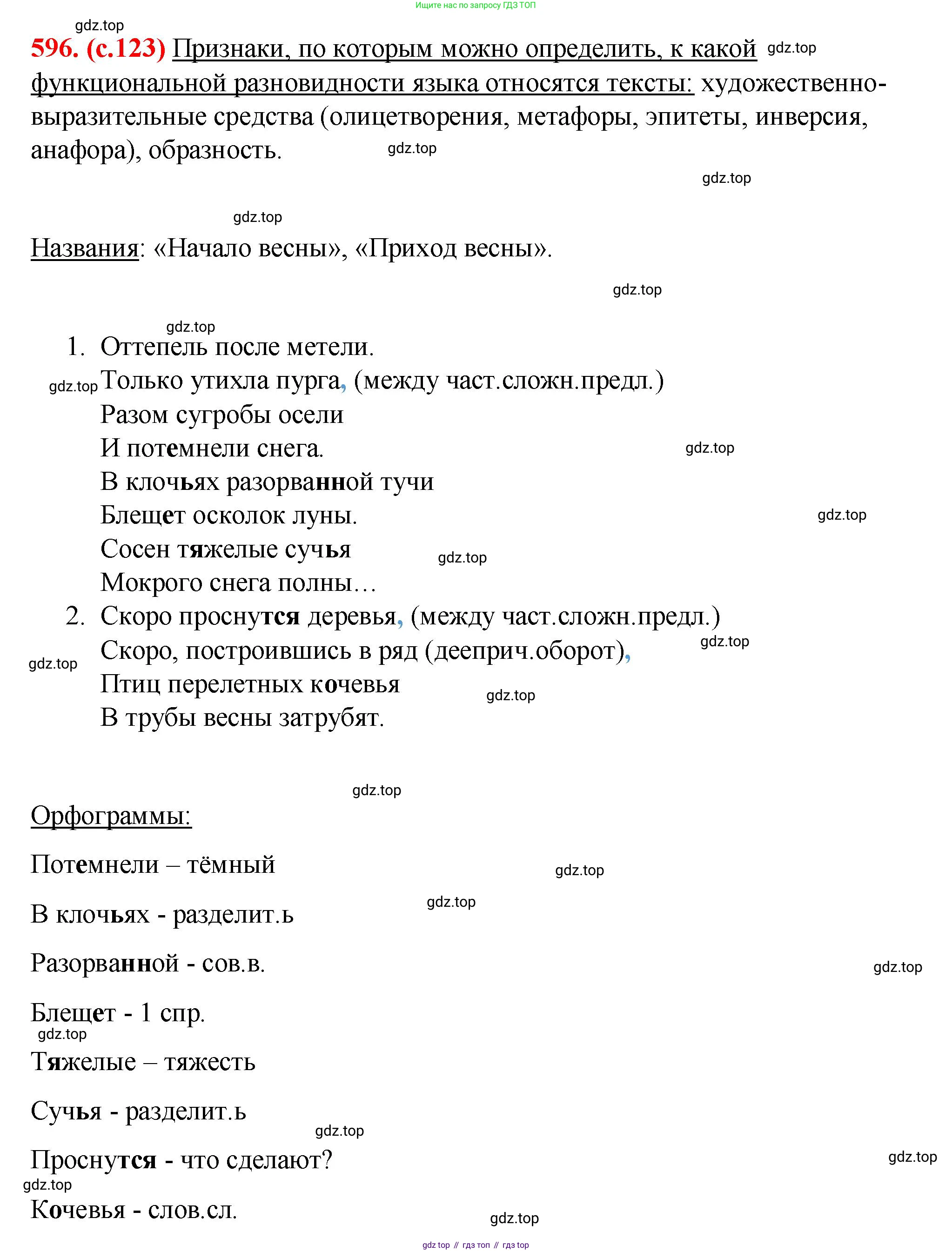 Русский язык, 7 класс Учебник, авторы: Баранов Михаил Трофимович, Ладыженская Таиса Алексеевна, Тростенцова Лидия Александровна, Ладыженская Наталия Вениаминовна, Александрова Ольга Макаровна, Дейкина Алевтина Дмитриевна, Антонова Любовь Геннадиевна, Григорян Лариса Трофимовна, Кулибаба Иван Иванович, издательство Просвещение, Москва, 2023, зелёного цвета, Часть 2, страница 123, номер 596, Решение 2 (2024-2027)