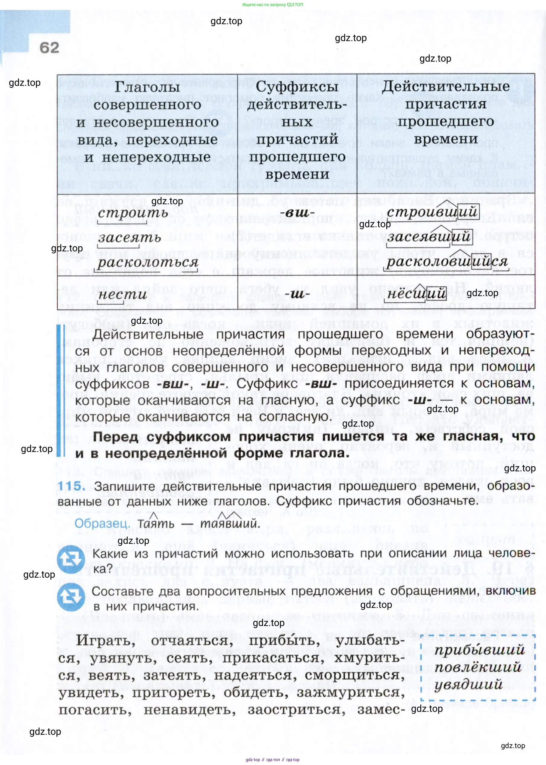 Русский язык, 7 класс Учебник, авторы: Баранов Михаил Трофимович, Ладыженская Таиса Алексеевна, Тростенцова Лидия Александровна, Ладыженская Наталия Вениаминовна, Александрова Ольга Макаровна, Дейкина Алевтина Дмитриевна, Антонова Любовь Геннадиевна, Григорян Лариса Трофимовна, Кулибаба Иван Иванович, издательство Просвещение, Москва, 2023, зелёного цвета, страница 62