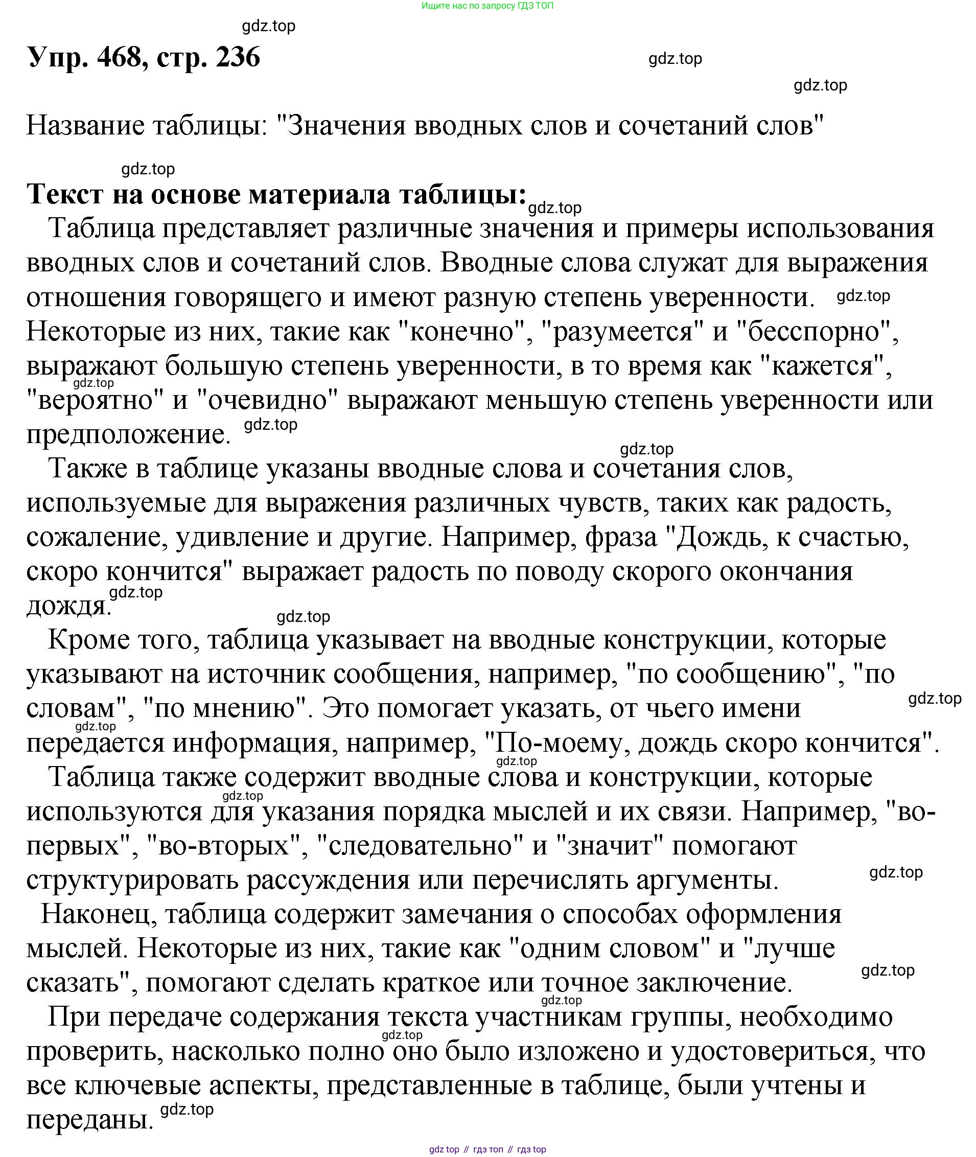 Русский язык, 8 класс Учебник, авторы: Бархударов Степан Григорьевич, Крючков Сергей Ефимович, Максимов Леонард Юрьевич, Чешко Лев Антонович, Николина Наталия Анатольевна, Мишина Клара Ивановна, Текучева Ирина Викторовна, Курцева Зоя Ивановна, Комиссарова Людмила Юрьевна, издательство Просвещение, Москва, 2023, зелёного цвета, страница 236, номер 468, Решение 1 (2023-2027)