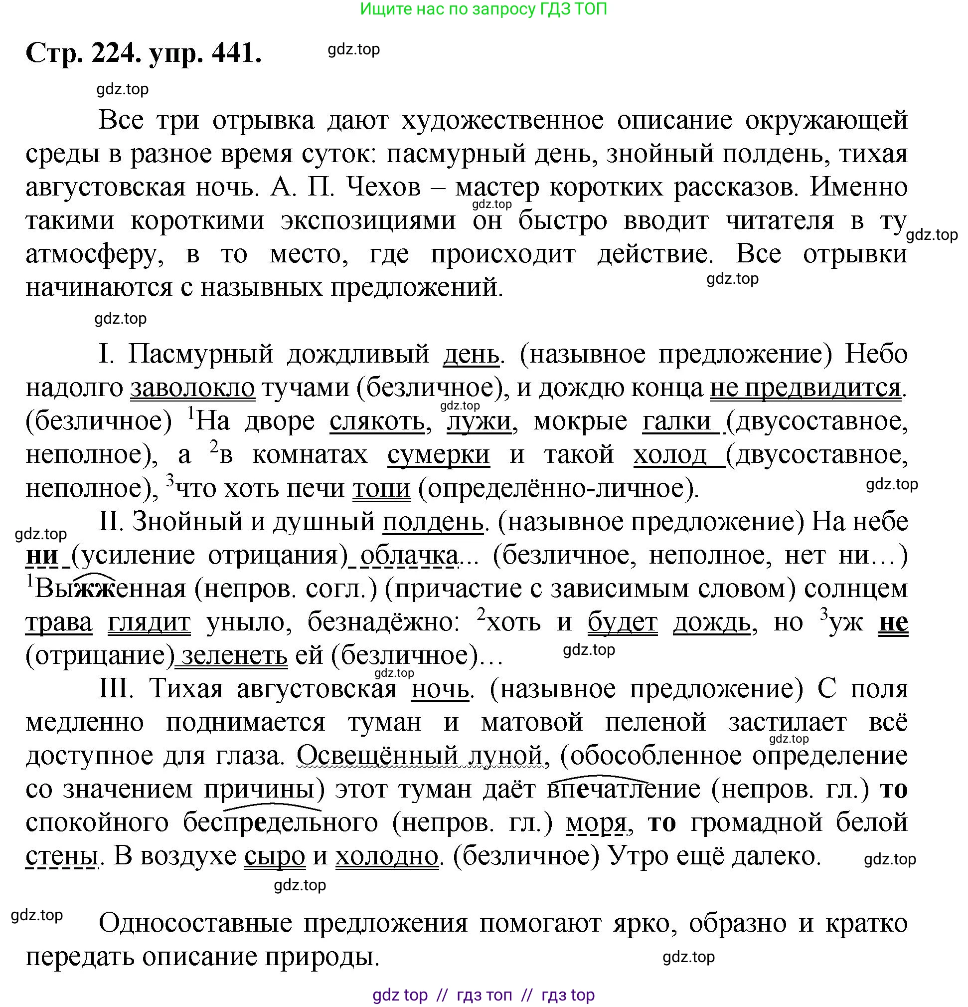Русский язык, 8 класс Учебник, авторы: Бархударов Степан Григорьевич, Крючков Сергей Ефимович, Максимов Леонард Юрьевич, Чешко Лев Антонович, Николина Наталия Анатольевна, Мишина Клара Ивановна, Текучева Ирина Викторовна, Курцева Зоя Ивановна, Комиссарова Людмила Юрьевна, издательство Просвещение, Москва, 2023, зелёного цвета, страница 224, номер 441, Решение 1 (2024-2027)