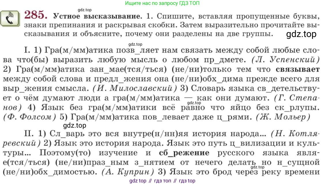 Русский язык, 11 класс Учебник, авторы: Львова Светлана Ивановна, Львов Валентин Витальевич, издательство Мнемозина, Москва, 2019, серого цвета, страница 313, номер 285, Условие