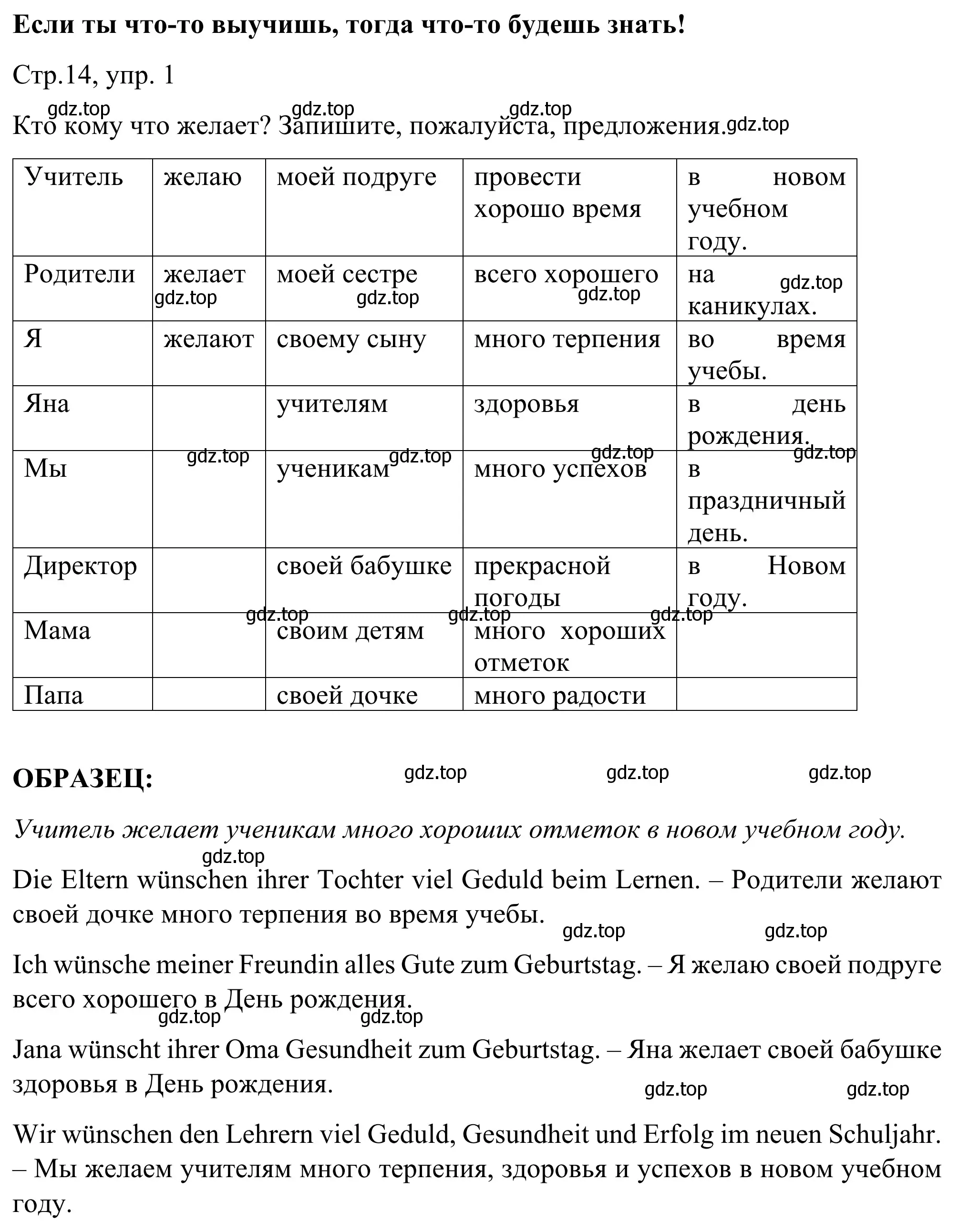 Решение номер 1 (страница 14) гдз по немецкому языку 6 класс Бим, Фомичева, рабочая тетрадь