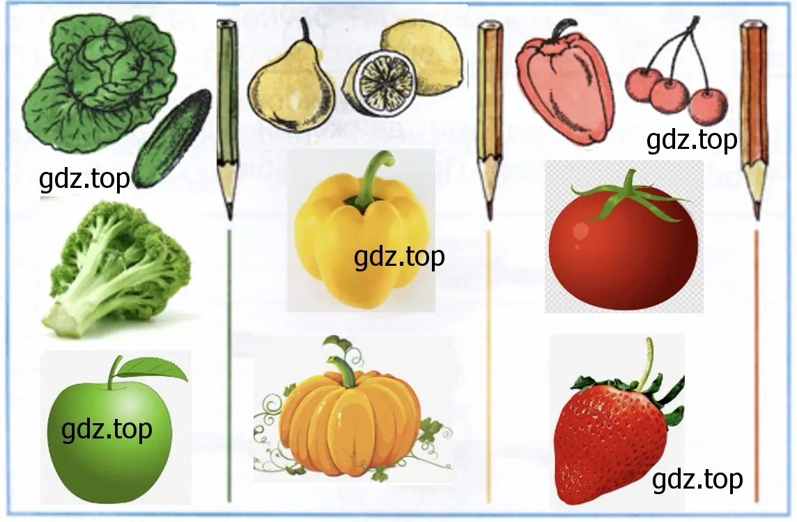 Раскрась овощи и фрукты в каждом столбике нарисуй еще овощи или фрукты такого же цвета