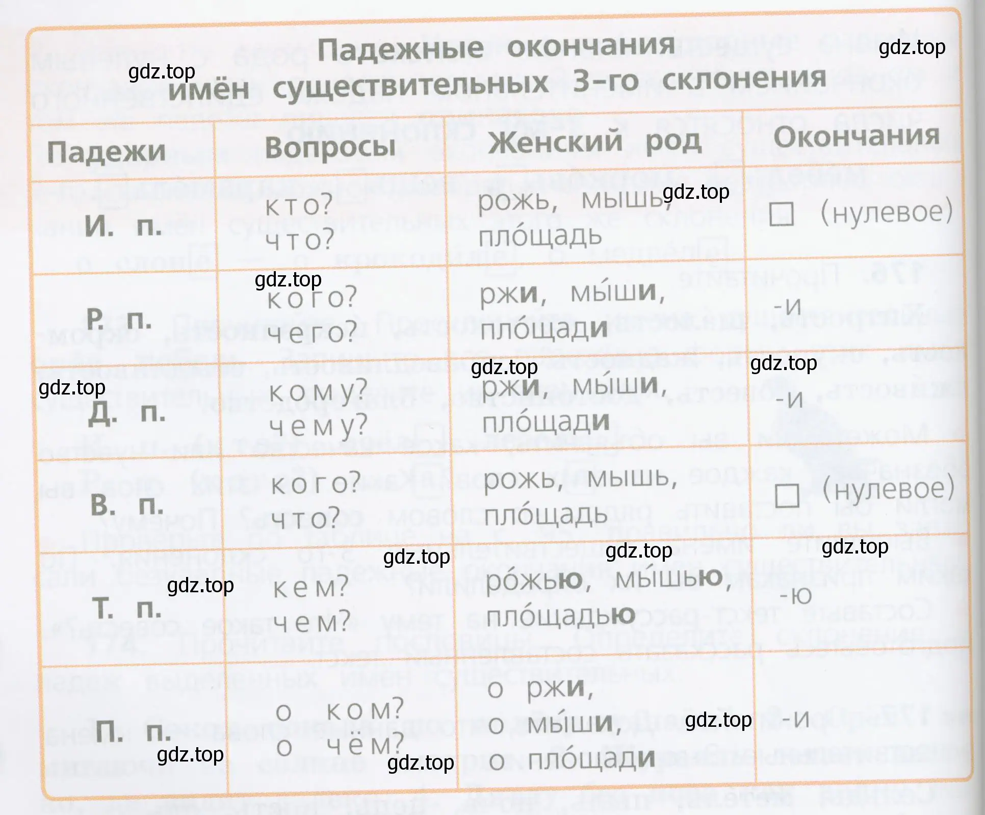 В каких падежах имена существительные 3-го склонения имеют одинаковые окончания?