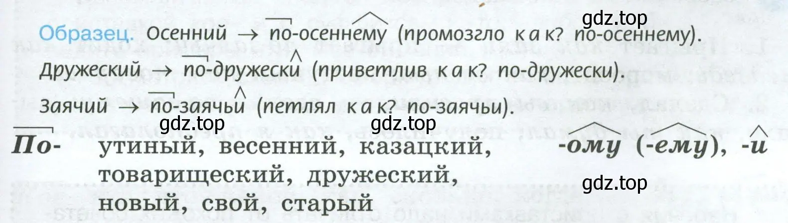 Образовать от данных слов наречия, используя предложенные приставки и суффиксы и опираясь на примеры